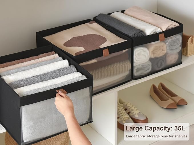 StorageWorks Closet Storage Bins, Extra Large Storage Baskets with Clear Window and Handles, Foldable Fabric Organizer for Clothes, Shelves, Black, 3 Pack