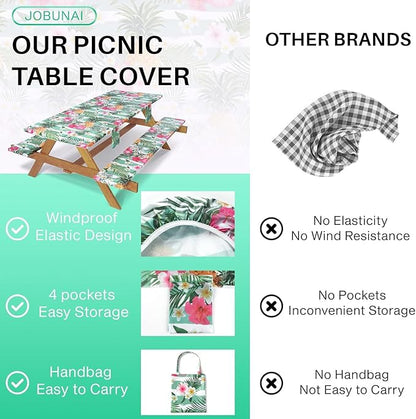 3 Piece Picnic Table Cover with Bench Covers Elastic Fitted Heavy Duty Camping Table Cloths for 6Ft Tables Camper Travel Trailer Must Haves Motorhome Garden Organization Mom Dad Birthday Gift