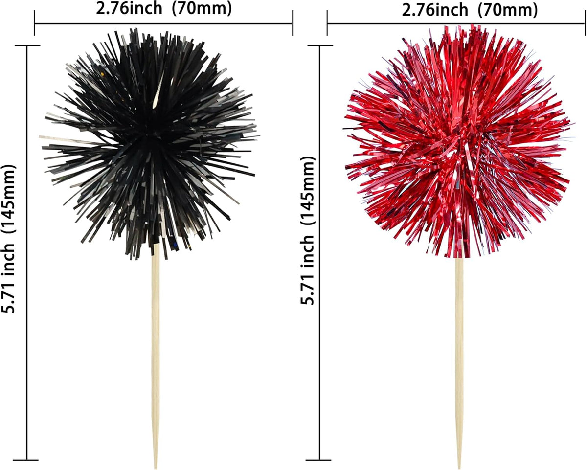 Gyufise 30Pcs Foil Firework Cupcake Toppers Sparkle Tinsel Cake Toppers Tinsel Drink Cake Decoration Cocktail Picks for Birthday Wedding Graduation Party Supplies Black Red