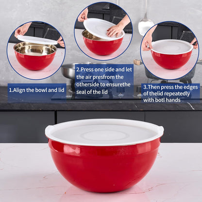 Red Mixing Bowls With Airtight Lids,Stainless Steel Bowl,Salad Bowls 7 Piece Colorful Nesting Bowl Red Kitchen Accessories,Size 7,3.6,2.7,2.1,1.5,1.1