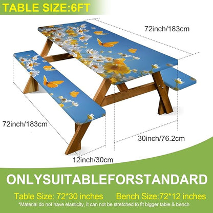 ANNA QUEEN 6FT Daisy Spring Picnic Table Cover with Bench Covers Picnic Table Cover Set 3PCS 72"x30", Outdoor Bench and Tablecloth Furniture Protection