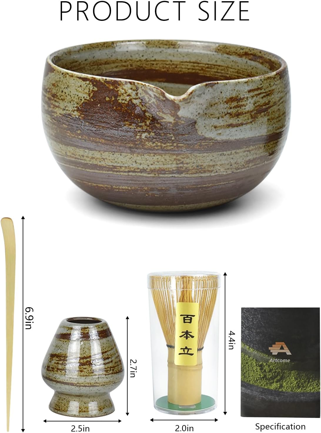 Artcome Premium Matcha Tea Set - 18.6oz Ceramic Bowl with Spout, Bamboo Whisk, Scoop, Whisk Holder & Brewing Guide - Durable & Elegant for Perfect Matcha Preparation