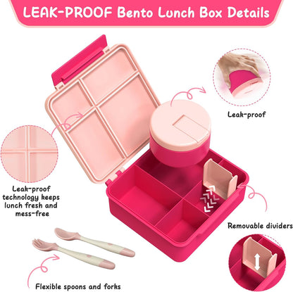 Bento Lunch Box with 8oz Soup Thermo, Leak-Proof Lunch Containers with 4 Compartment, Thermo Hot Food Jar and Insulated Lunch Box for School Pink