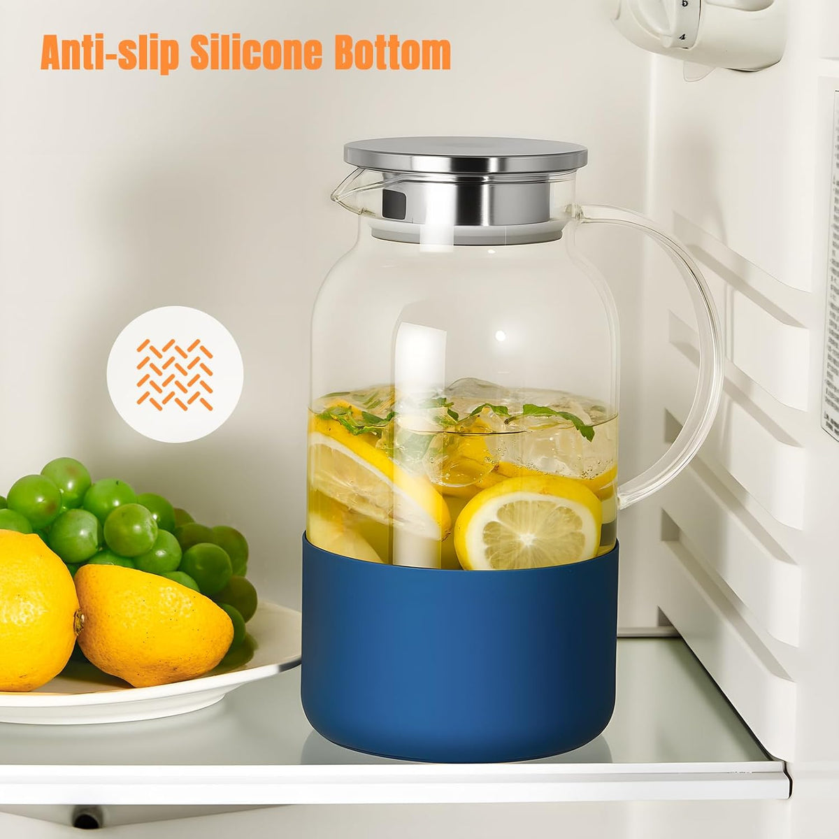 PARACITY Glass Pitcher with Lid, 61oz Water Jug Handle, Blue Silicone Base