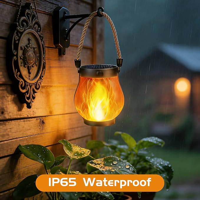 2 Pack Solar Lanterns Outdoor Waterproof, Flickering Flame Hanging Lanterns Decorative Outdoor with 2 Modes, Dual Charging USB & Solar-Powered Outdoors Lantern for Porch Yard Patio Tree Garden Decor