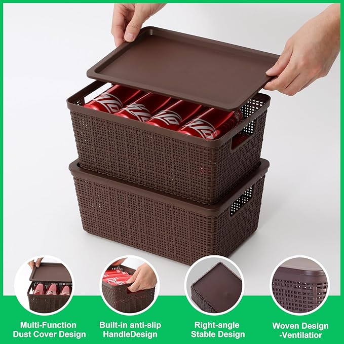 6 Pack Plastic Storage Baskets With Lids,Brown Breathable Stackable Storage Bins,Small Storage Containers,for Organizing Storage Baskets on Desktops,Closets,Playrooms,Classrooms,Offices