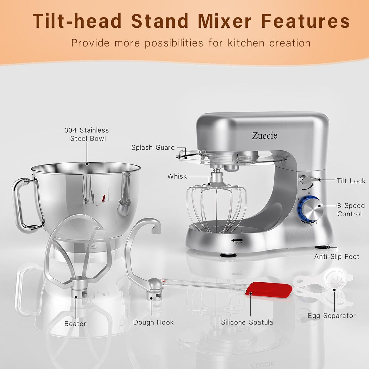 Stand Mixer, Zuccie 4.8QT Kitchen Electric Stand Mixer, 380W Motor Power Food Mixer, 8+P-Speed Dough Mixer with Dough Hook, Wire Whip & Beater, Silver