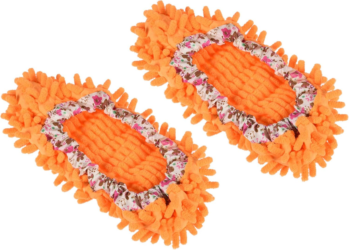 1 Pair Washable Cleaning Shoes Cover - Floor Cleaning Dust, Chenille Microfiber Duster Mop Slippers, Apply to House Office Room (Orange)