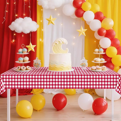 1 Pack Red Striped Gingham Tablecloths, 54 x 108 Inch Disposable Plastic Rectangle Table Covers, Waterproof Red and White Checkered Table Cloths for Picnic, Birthday, Party, Outdoor Events