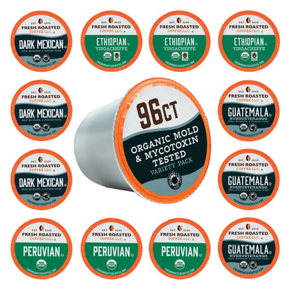 Fresh Roasted Coffee, Organic Mold &amp; Mycotoxin Tested Variety Pack K-Cup Pods for Keurig Brewers, Medium Roast, USDA Organic, Kosher, 96 Count Loose Pack