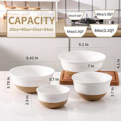 Hasense Mixing Bowls Set, 2.1/1.5/1.0/0.5 Qt Ceramic Nesting Bowls for Kitchen, Large Serving Bowls for Cooking, Prepping, Salad, Soup, Pasta