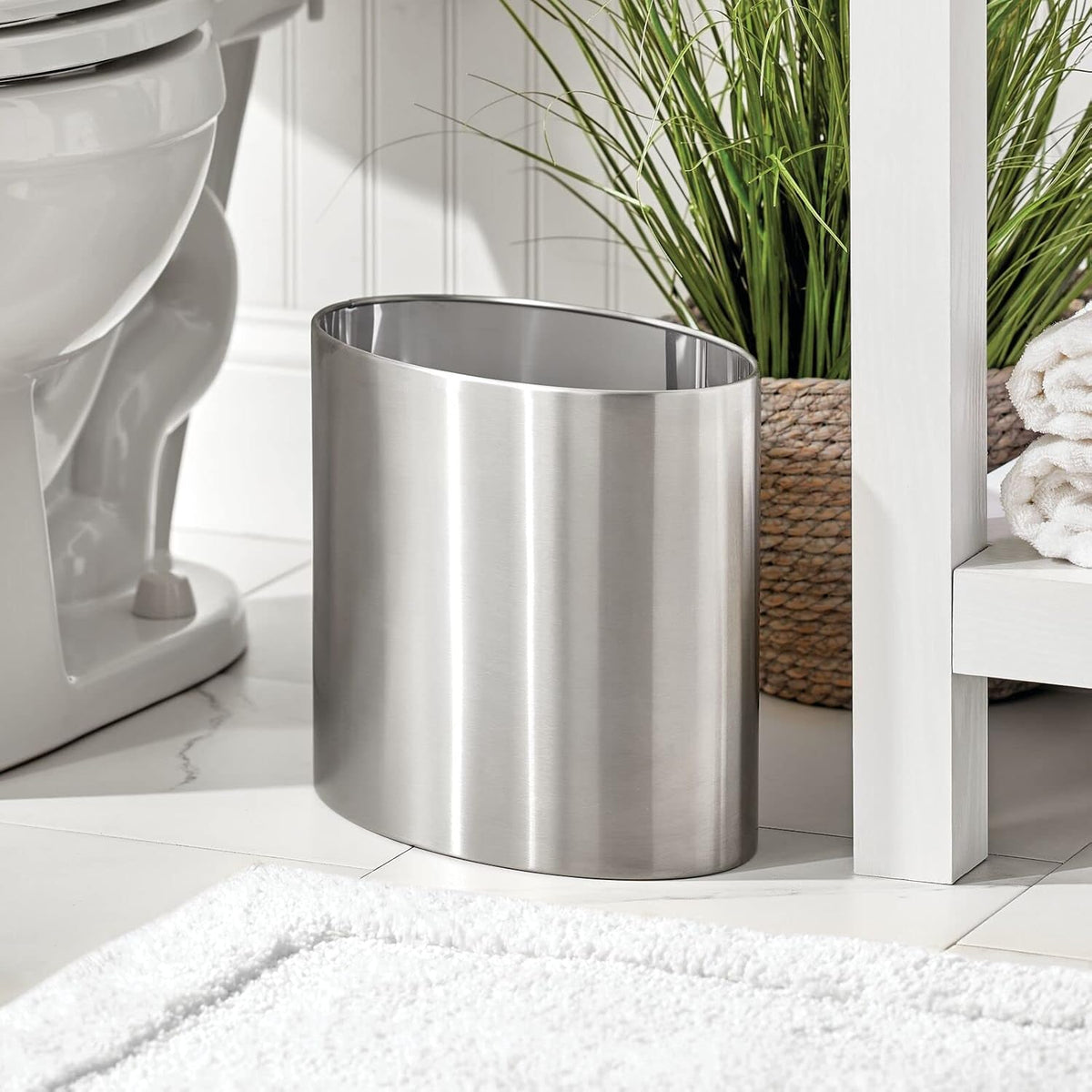 mDesign Stainless Steel Metal Oval Trash Can, 7.9 Liter/2.09 Gallon Wastebasket, Garbage Basket Bin for Bathroom, Bedroom, Kitchen, Office, Holds Waste and Recycle, Mirri Collection, Brushed/Chrome