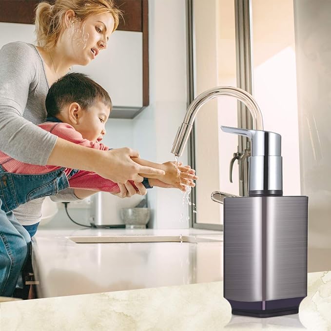 Boperzi 2 Pack Soap Dispenser Rust Proof Refillable Liquid Hand & Dish Soap Dispenser Set Leak Proof Plastic Chorme Pump for Kitchen Bathroom, 10oz