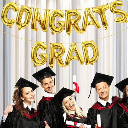 Congrats Grad Balloons Banner Gold 16 Inch Foil Letter Graduation Balloons Congratulations Banner for Class Of 2025 Graduation Party Decorations