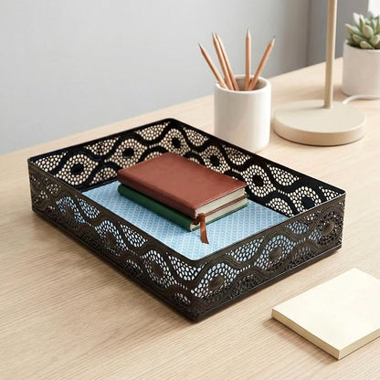 Desk Drawer Organizer, A4 Large Metal Mesh Desk Organizer Tray, Carved Hollow Floral Desk Tray, Versatile Storage Box Set for Office Home Supplies,13x9x3 inches (Curved,1 PC)