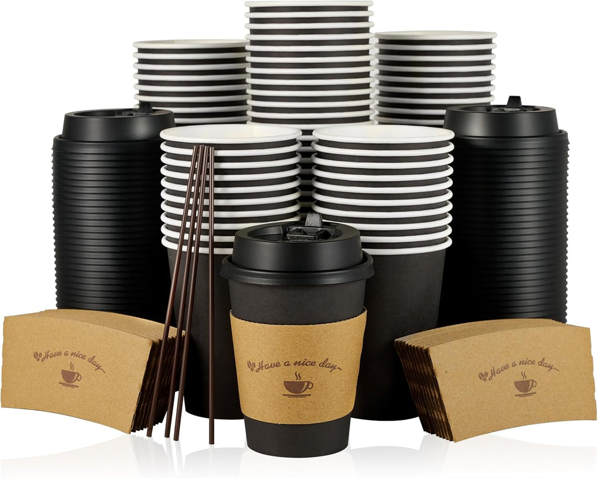 Litopak 100 Pack 12 oz Paper Coffee Cups for Hot Chocolate Drinks, Black Disposable Coffee Cups with Lids, Sleeves and Stirring Sticks for Parties
