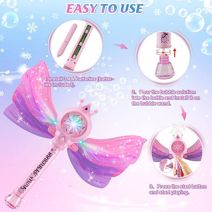 Bubble Wands for Kids Girls - LED Light & Music Bubble Machine: 3 AA Batteries & 2 Bubble Solutions, Outdoor Party Birthday Toys for Toddlers, Gift for 3 4 5 6 7 8 Year Old Girls