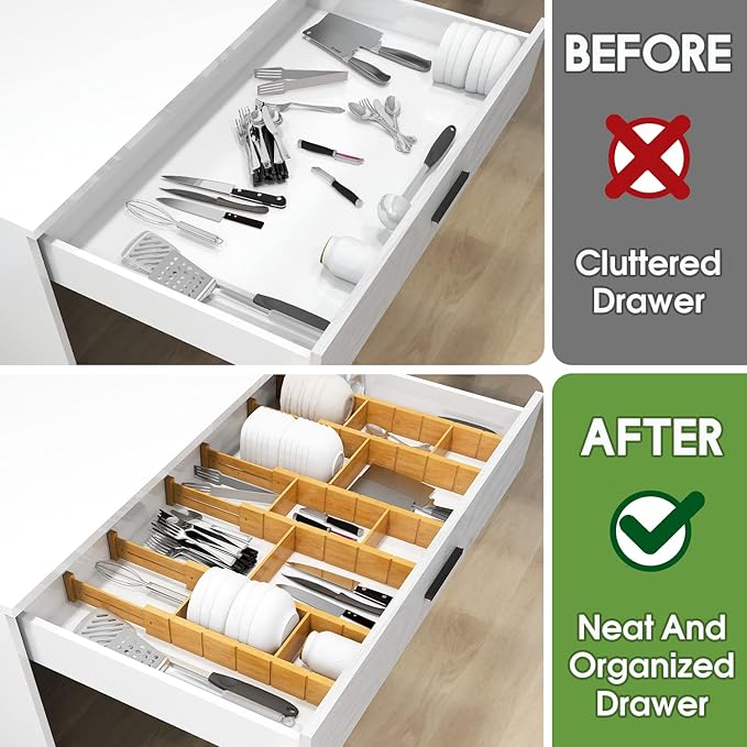 Bamboo Drawer Dividers with 12 Inserts, 16.3-22inches, Expandable Organizer, Adjustable Separators for Bedroom, Bathroom, Dresser 6 Pack