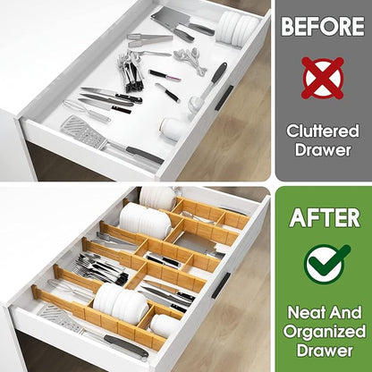 Bamboo Drawer Dividers with 12 Inserts, 16.3-22inches, Expandable Organizer, Adjustable Separators for Bedroom, Bathroom, Dresser 6 Pack