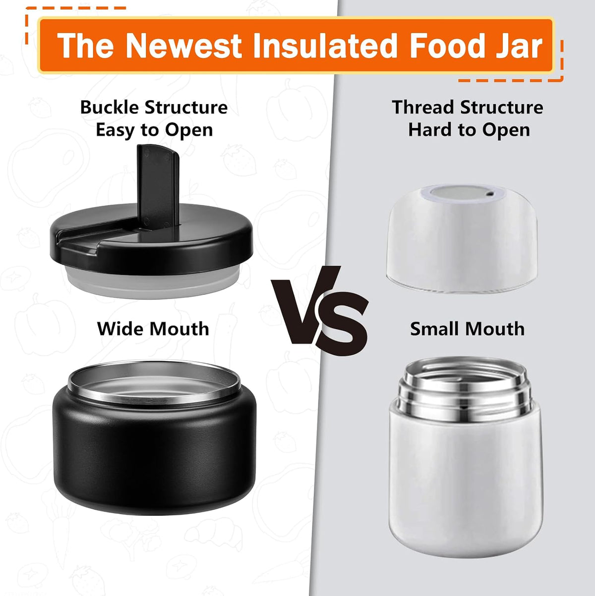 13.5oz Kids Jar for Hot Food, Insulated Vacuum Food Jar with Buckle Lid, Stainless Steel Wide Mouth Leak Proof Insulated Lunch Container for School Picnic Travel, Black