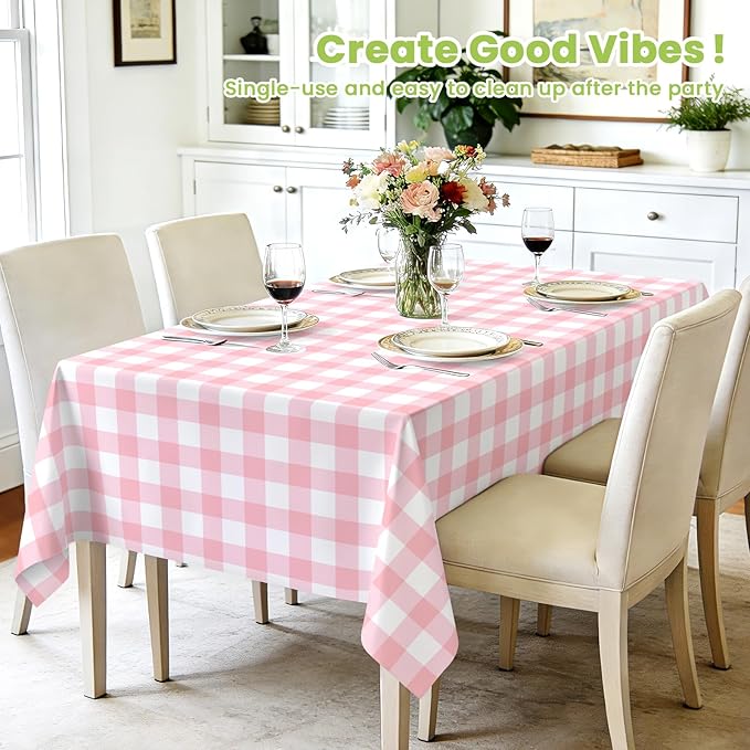 Mulbozy 4 Pcs Pink Gingham Tablecloth 54 × 108 Inches Pink and White Checkered Table Cloth Disposable Plastic Waterproof Tablecover for Outdoor Picnic, Birthday Party, Holiday Dinner