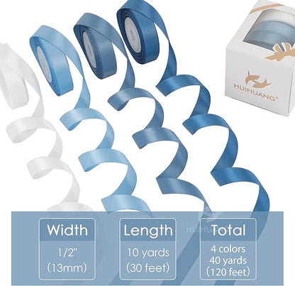 HUIHUANG Dusty Blue Satin Ribbon 1/2 inch x 4 Rolls Light Blue/Smoke Blue/White/Dusty Blue Ribbon for Gift Wrapping DIY Crafts Hair Decor Flower Bouquets Wedding Decor- Total 40 Yards