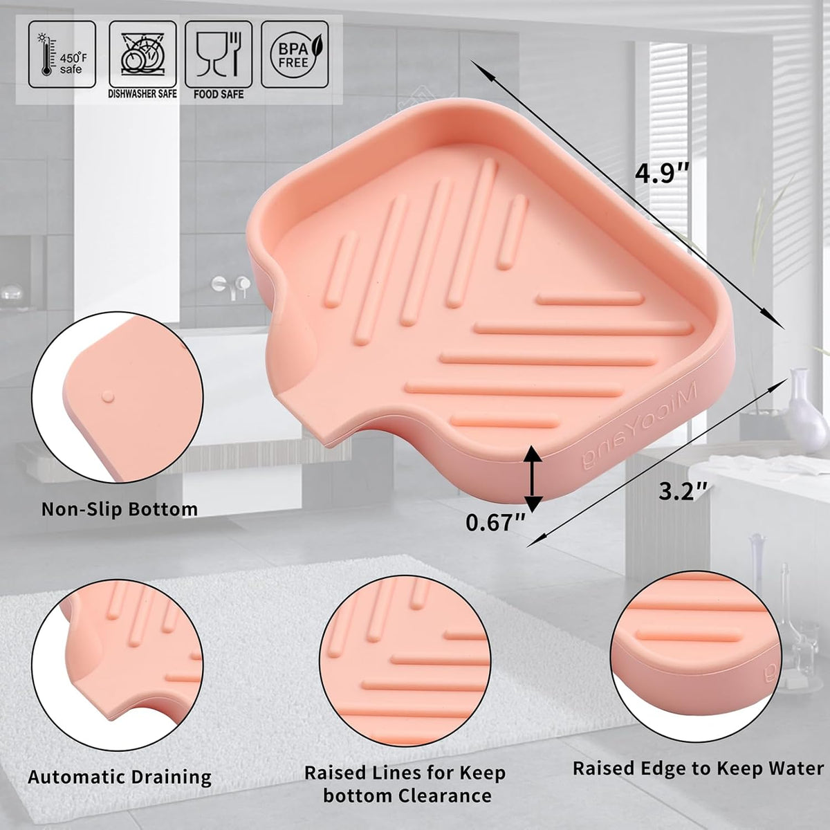 Silicone Bathroom Soap Dishes with Drain Spout-Bathroom and Kitchen Sink Organizer,Sponge Holder,Dish Soap Tray,Perfect for Dispenser,Scrubber,Bottle,Cup on Sink or Counter-Pink 4.9"×3.2"