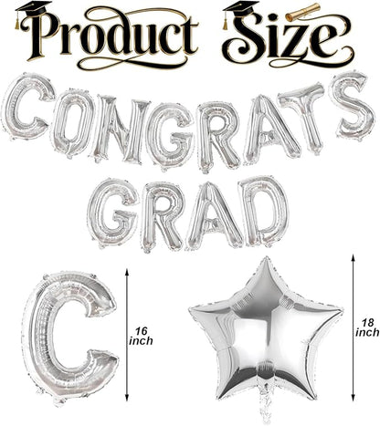16 Inch Silver Congrats Grad Banner Balloons Congrats Grad Letters Balloons Graduation Decorations 2026 for Graduation Celebration Party Supplies