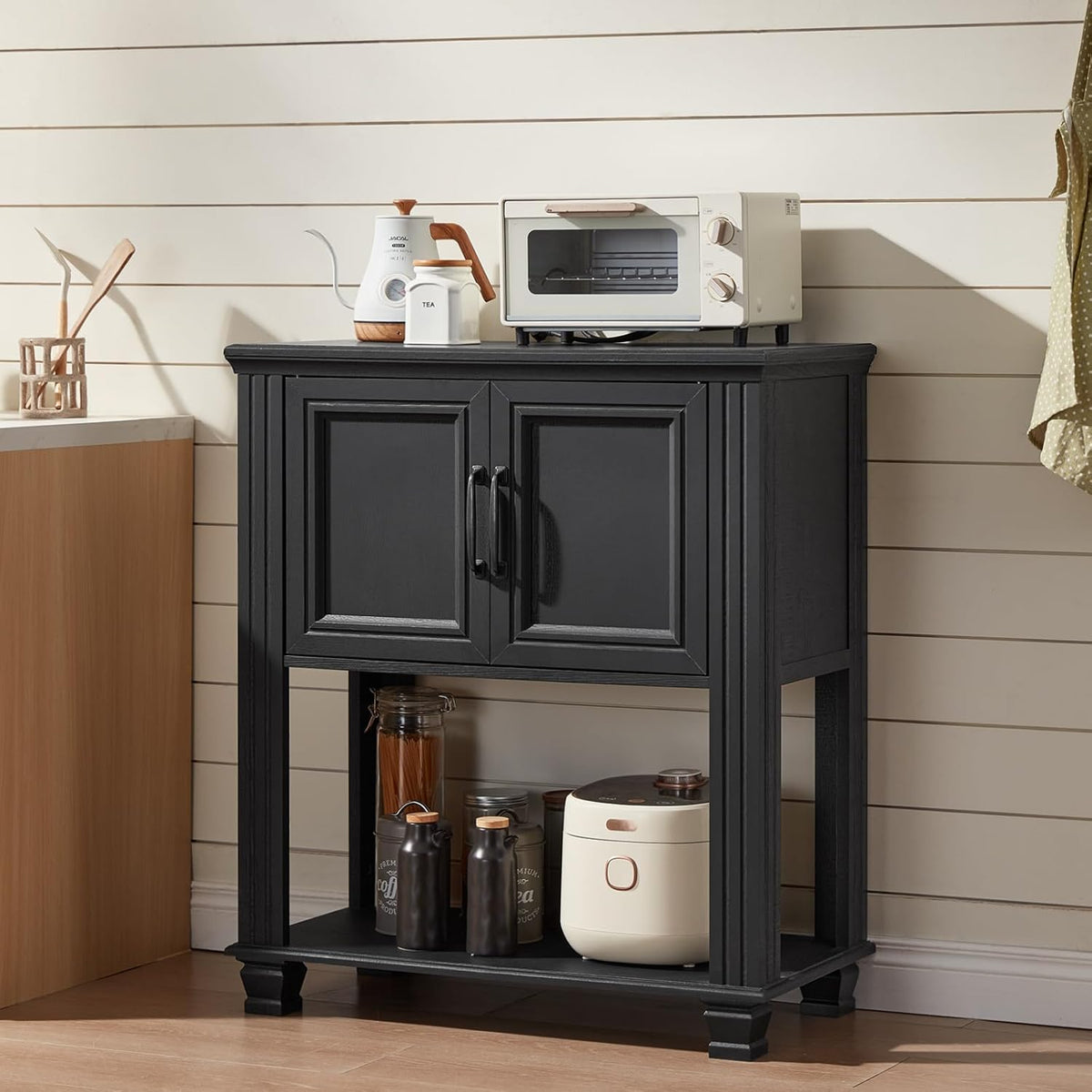 Farmhouse Coffee Bar Station with 2-Door Cabinet, Small Kitchen Cabinet with Open Lower Shelf, Entryway Table with Storage for Dining Room, Kitchen