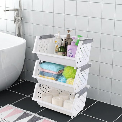 Set of 4 Plastic Stackable Storage Baskets, Stackable Organizer Bins for Kitchen, Pantry and Bathroom, White
