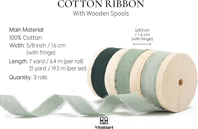 Vitalizart Green Cotton Ribbon Handmade Fringe 5/8" x 21 Yd Sage Pure Natural Cotton Ribbons for Gift Wrapping Wedding Invites Bridal Shower Bouquets Holiday Decor