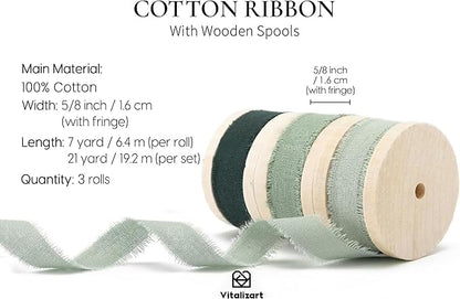 Vitalizart Green Cotton Ribbon Handmade Fringe 5/8" x 21 Yd Sage Pure Natural Cotton Ribbons for Gift Wrapping Wedding Invites Bridal Shower Bouquets Holiday Decor