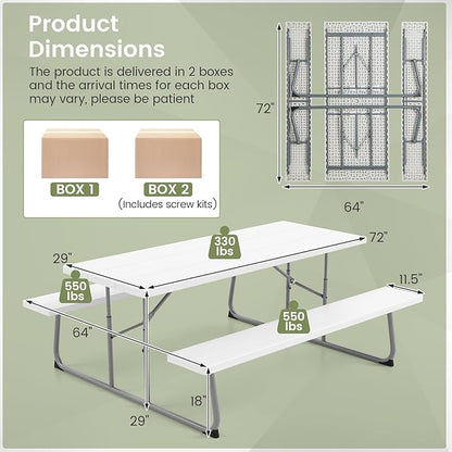 Giantex Folding Picnic Table - 6 FT Outdoor Table Bench Set for 8 Persons w/All-Weather HDPE Tabletop, Metal Leg, Umbrella Hole, Large Outside Dining Table for Patio Garden Yard Poolside (White)