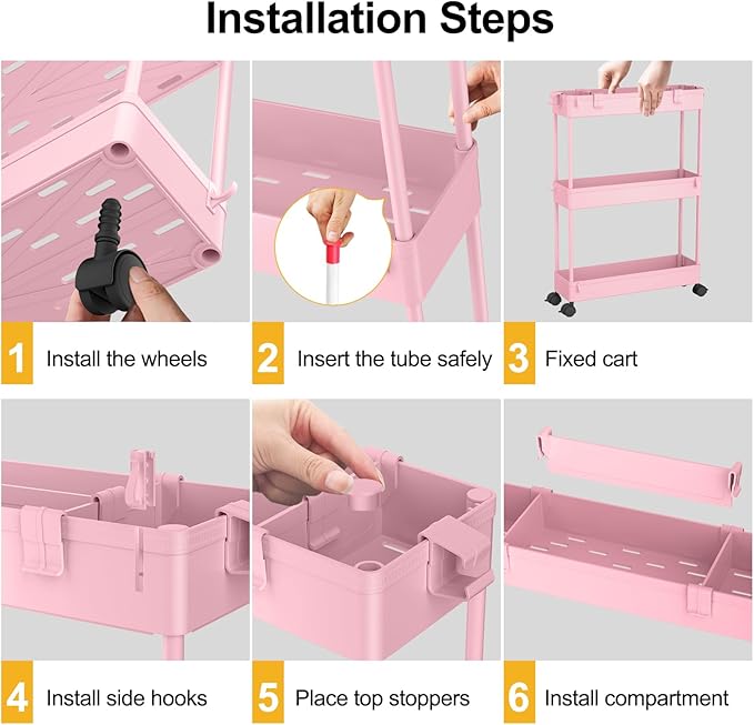 SPACELEAD Slim Storage Cart 3 Tier,Bathroom Organizer Rolling Utility,Mobile Shelving Unit Slide Out for Office, Kitchen, Laundry Room & Narrow Places,Pink