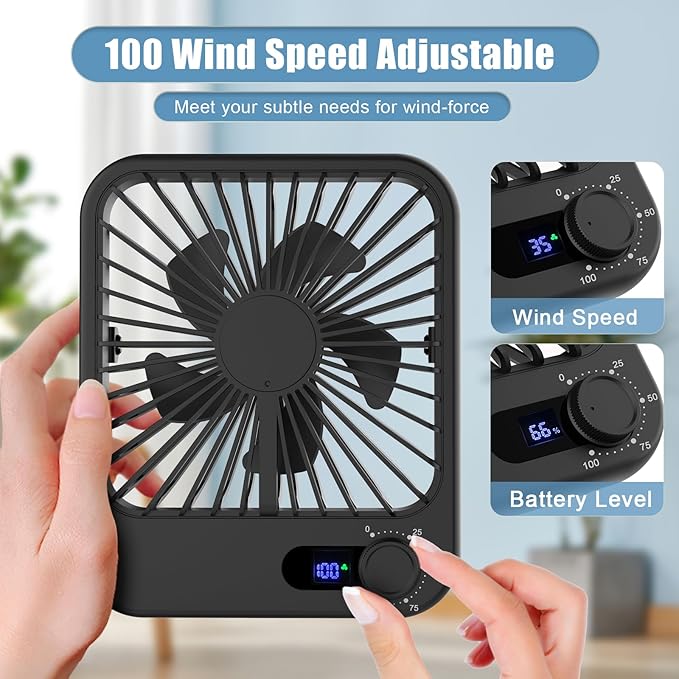 Small Desk Fan, 100 Speeds Personal Fan Portable Rechargeable with Battery Powered, 180°Tilt Adjustable Quiet Bedroom Fan, Home Beach Camping Travel Office Desk Accessories, Black