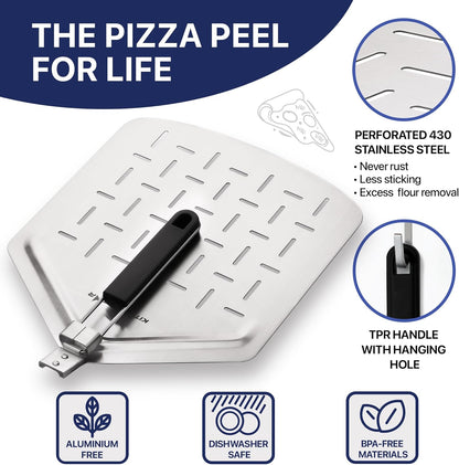 14" Pizza Making Kit (Set of 2) - 14" Pizza Cutter Rocker Knife with Blade Cover + 13" Perforated Stainless Steel Pizza Peel with Folding Handle