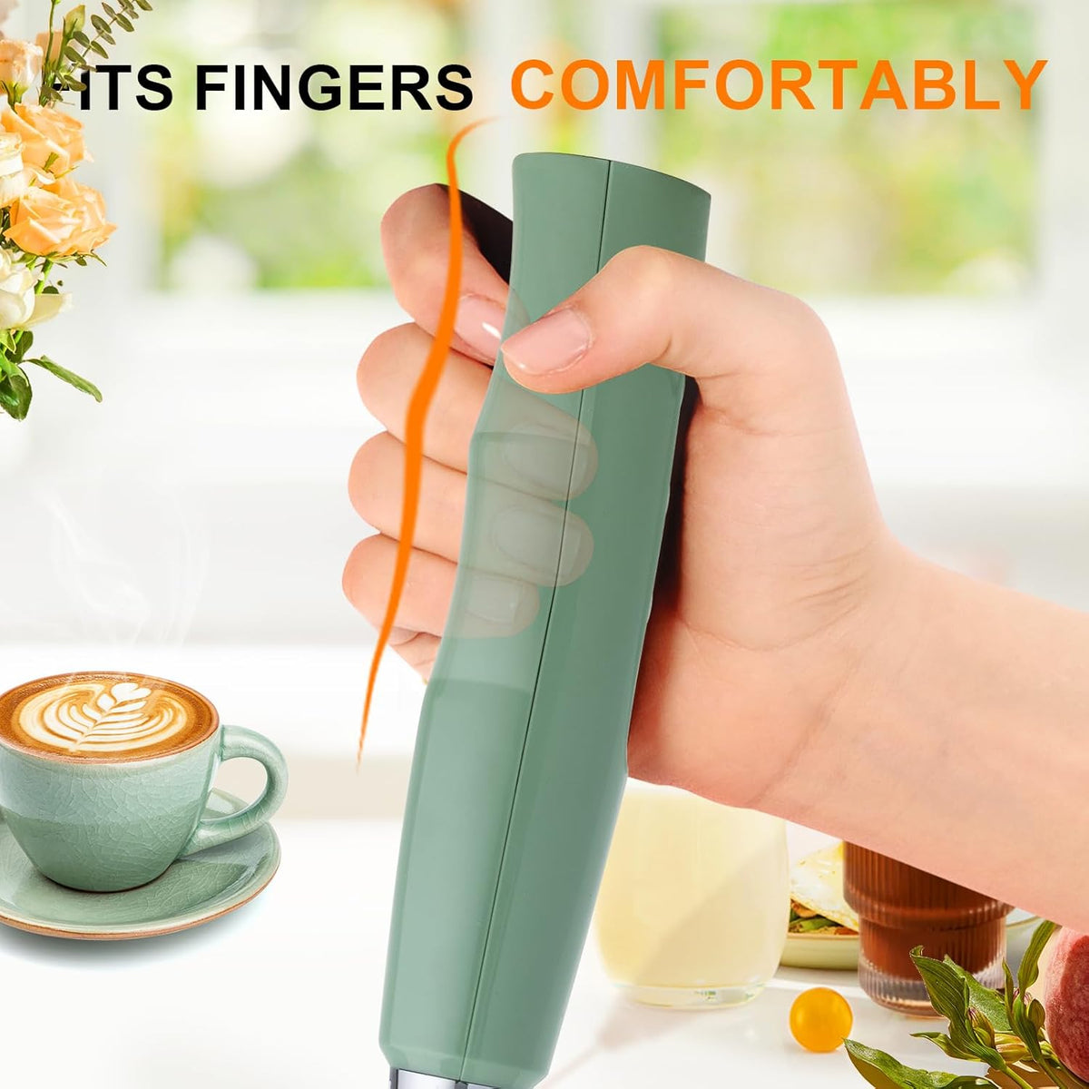 Yuswko Granite Green Handheld Milk Frother Wand for Coffee, Rechargeable Electric Whisk with 3 Heads 3 Speeds Drink Mixer Coffee Frother For Latte