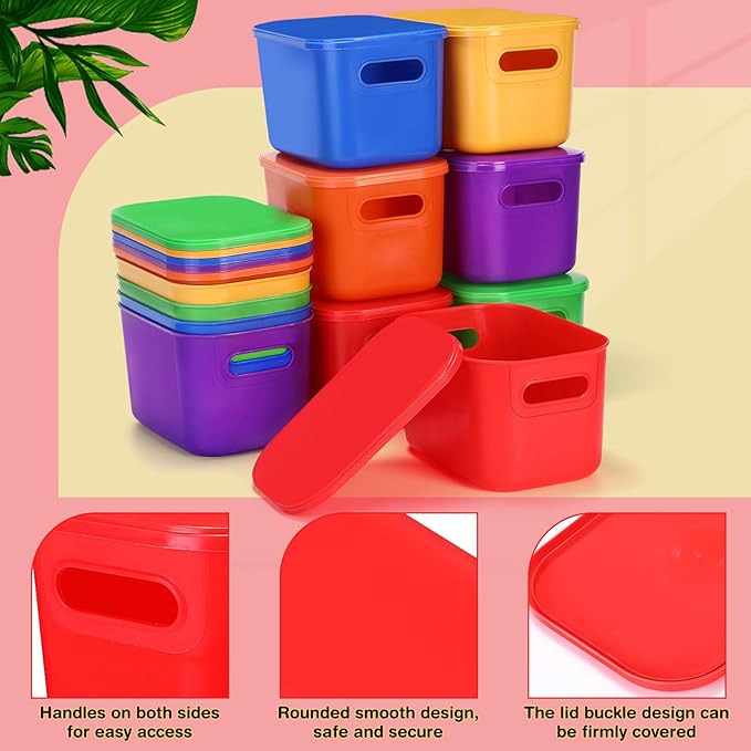Thyle 12 Pack Vibrant Colorful Plastic Storage Bins with Lids 7 Quart Toy Storage Box Stackable Nestable Organizer Boxes with Handle and Labels for Classroom Shelf Bedroom Desktop Toys School Supplies
