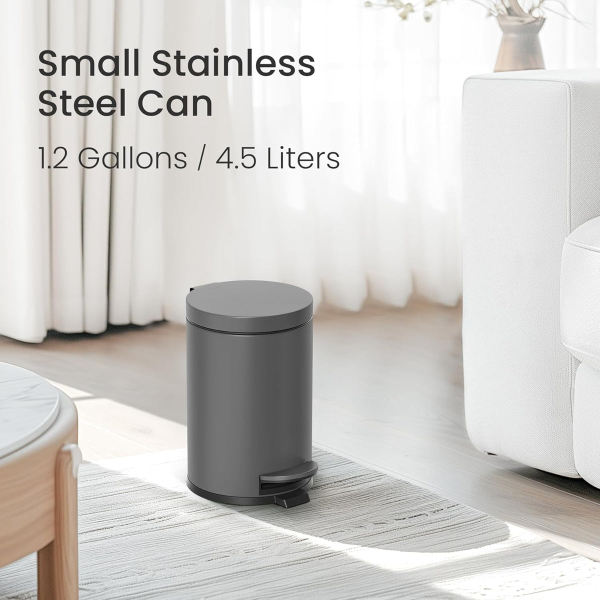 Cesun 1.2 Gallons Small Gray Trash Can, Bathroom Garbage Can with Lid and Foot Pedal, Mini Round Wastebasket for Bathroom, Bedroom, Office, 4.5 Liters / 1.2 Gallons, Gray