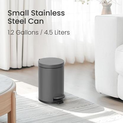 Cesun 1.2 Gallons Small Gray Trash Can, Bathroom Garbage Can with Lid and Foot Pedal, Mini Round Wastebasket for Bathroom, Bedroom, Office, 4.5 Liters / 1.2 Gallons, Gray