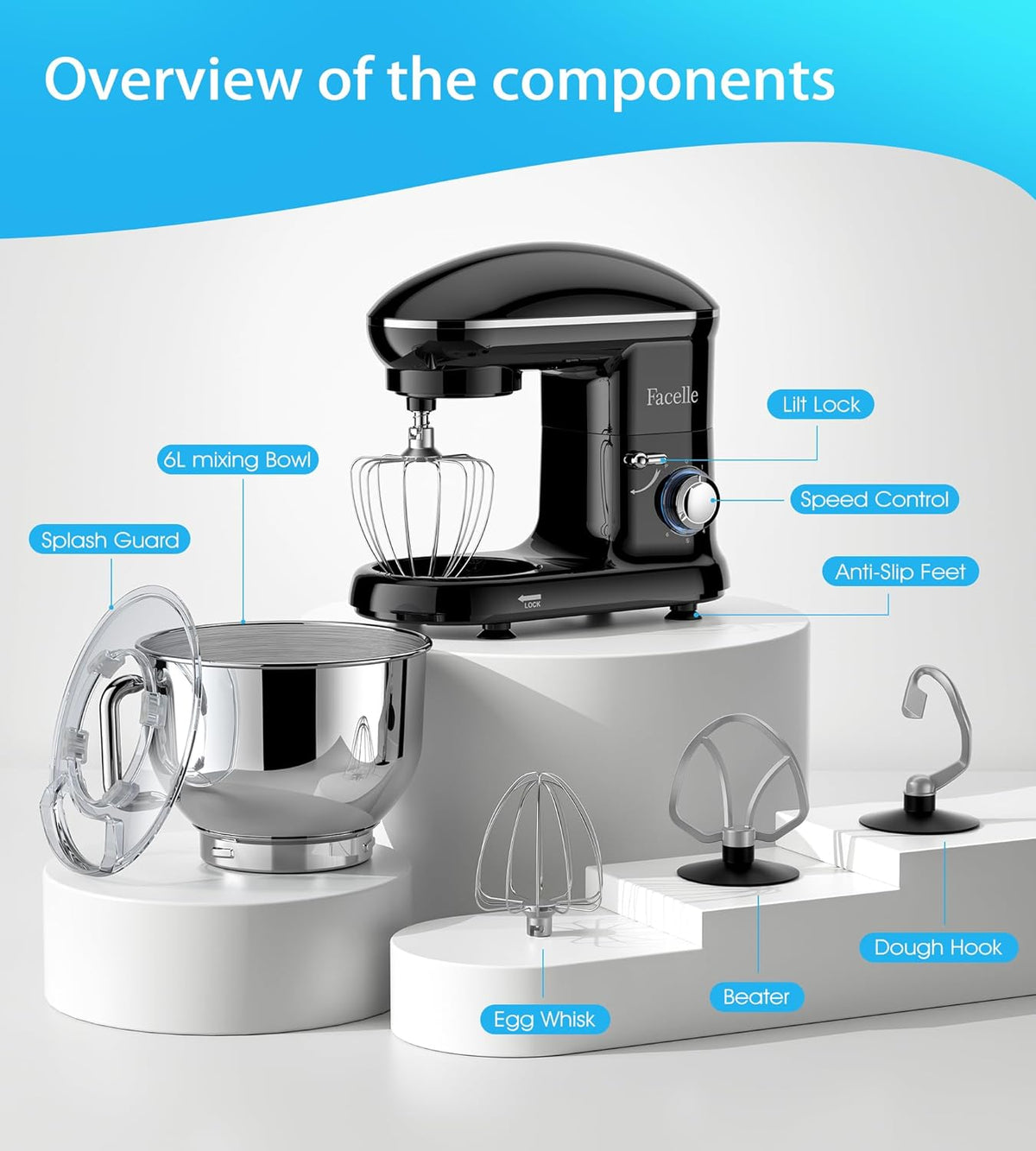 Facelle Stand Mixer, 660W 6 Speed Electric Kitchen Mixer with Pulse Button, Attachments include 6.5QT Bowl, Dishwasher Safe Beater,Dough Hook