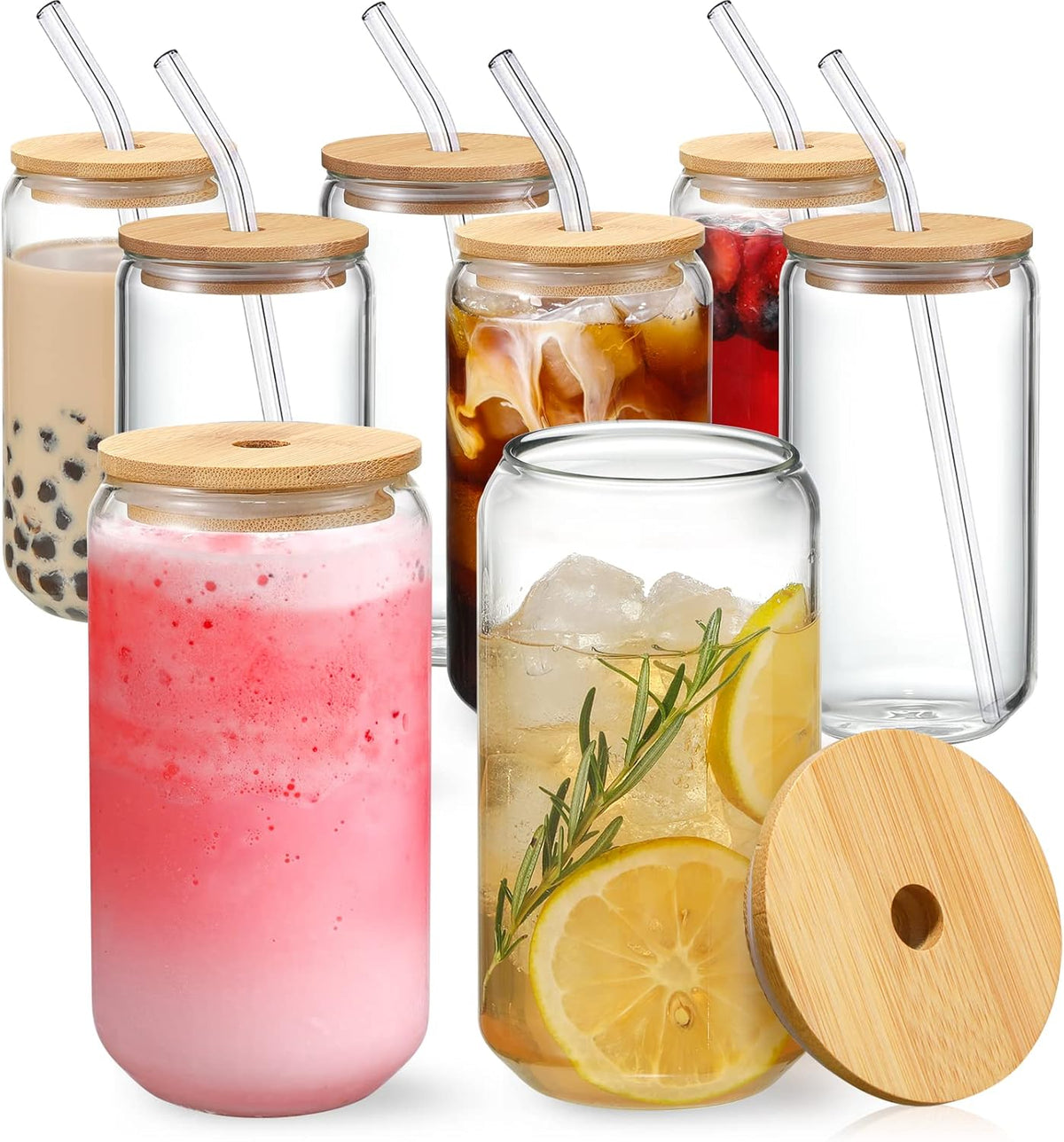 Netany [ 8pcs Set ] Drinking Glasses with Bamboo Lids and Glass Straw - 16oz Glass Cups, Beer Glasses, Iced Coffee Glasses, Cute Tea Cup