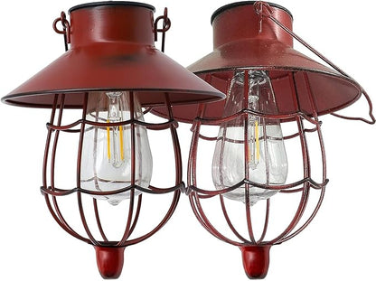 YAKii 2 Pack Solar Lantern Hanging Waterproof Outdoor Metal Solar Lamp with Warm White Light Decorate for Yard Garden Pathway Patio Porch Decor (Red)