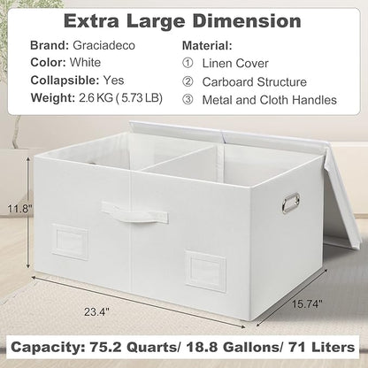 Graciadeco 75 Quarts Extra Large Decorative Storage Bins with Lids, 1 Pack White Collapsible Storage Bins with Lids, Stackable Storage Bins Decorative Box Storage With Lid Extra Large