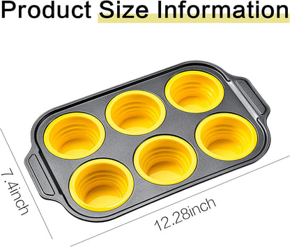 Silicone Muffin Pan for Baking with Metal Frame, 6 Cup Muffin Pan Molds, Non Stick Baking Tray for Ovens, Bakeware with Press to Release Design, Egg Bites Silicone Mold, Dishwasher & Oven Safe, Yellow