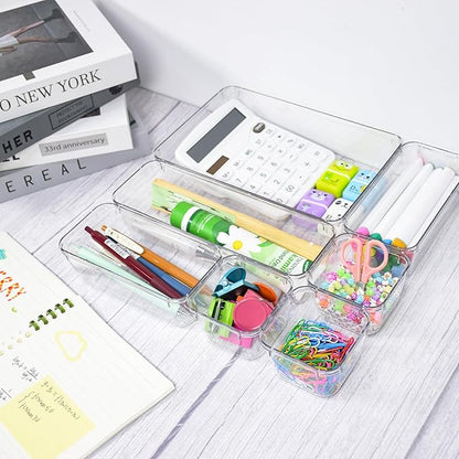 Clear Drawer Organiser Set Desk Drawer Dividers Makeup Organiser Divider Tray Utensil Cutlery Set Dressing Table Organisers for Bedroom Kitchen Bathromm Office Gadgets(25 Pack)