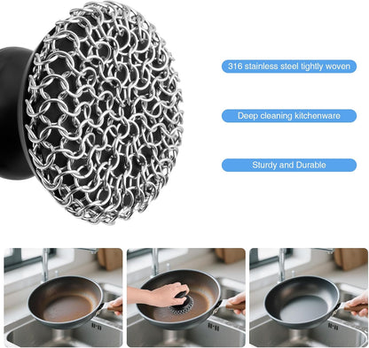 Cast Iron Scrubber Cleaner, Chainmail Scrubber for Cast Iron Pan Skillet, Dish Scouring Pad, Stainless Steel Brush/Scraper for Metal Skillet Scrubbing, Wok, Dutch Oven Cleaning Kit - Thick Mesh