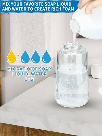 Foaming Hand Soap Dispenser Set, 16 oz Large Glass Soap Dispenser, Foam Dispenser with Stainless Steel Pump & Waterproof Labels, Refillable Soap Bottles for Bathroom Countertop, 2 in 1