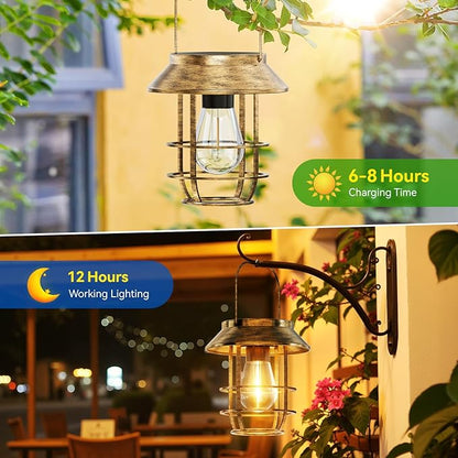 Ahaorigin Solar Lanterns Outdoor Waterproof, High Brightness Hanging Solar Lights for Outside with Wall Hooks, Retro Metal Outdoor Lanterns Auto On/Off for Porch, Patio, Yard Decor 2 Pack