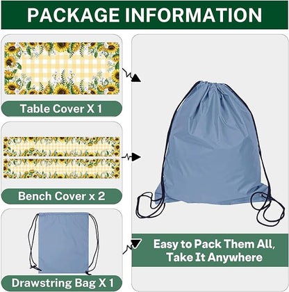 Picnic Table Cover with Bench Covers Elastic Edges, Yellow Fitted Table Cover, Outdoor Patio Camping Essentials 96 Inch 3PCS, Waterproof Camping Fitted Tablecloth with Drawstring Bag